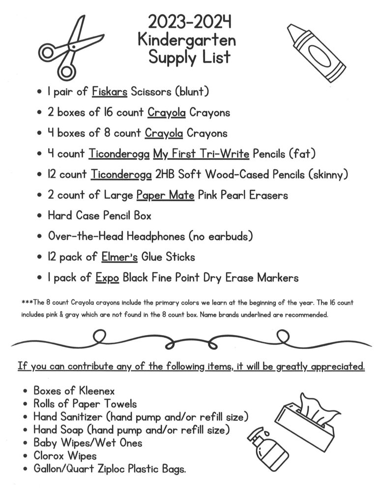 Kindergarten Supply List | Taylor County Primary School