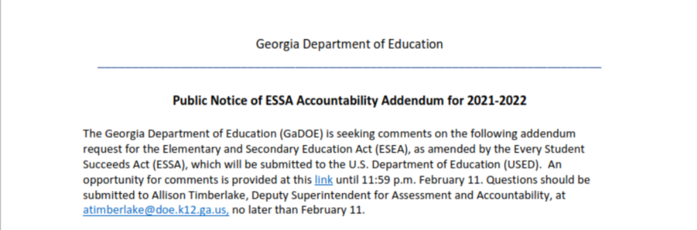 Public Notice of ESSA Accountability Addendum for 2021-2022